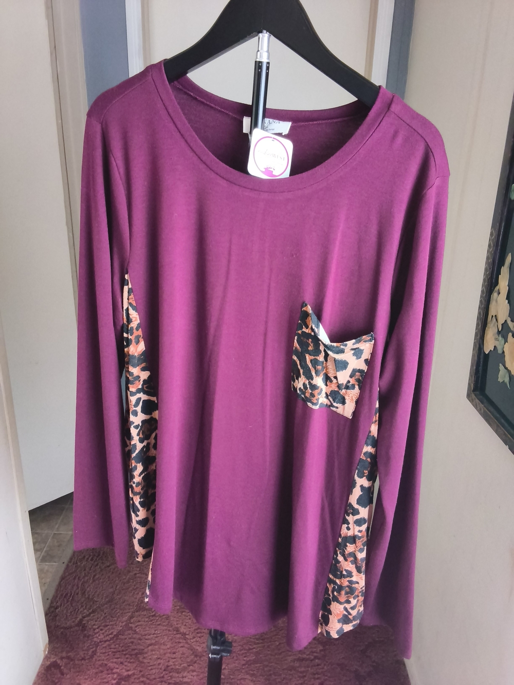 Zenana Outfitters Plum Long Sleeve Tunic with Leopard Trim